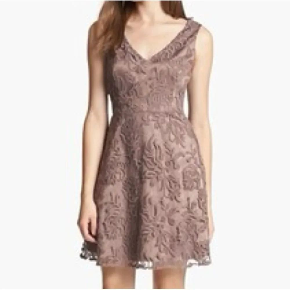 Adrianna Papell Mocha Brown Floral Lace Soutache Dress Sz 6 Bridesmaid Preppy